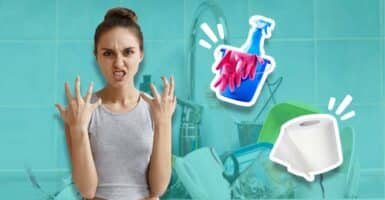 angry woman with cleaning supplies and toilet paper