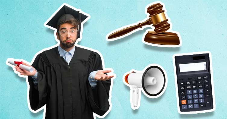 confused graduate with megaphone, calculator and gavel