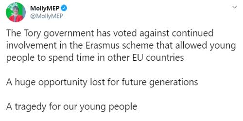 MollyMEP tweet on Erasmus+